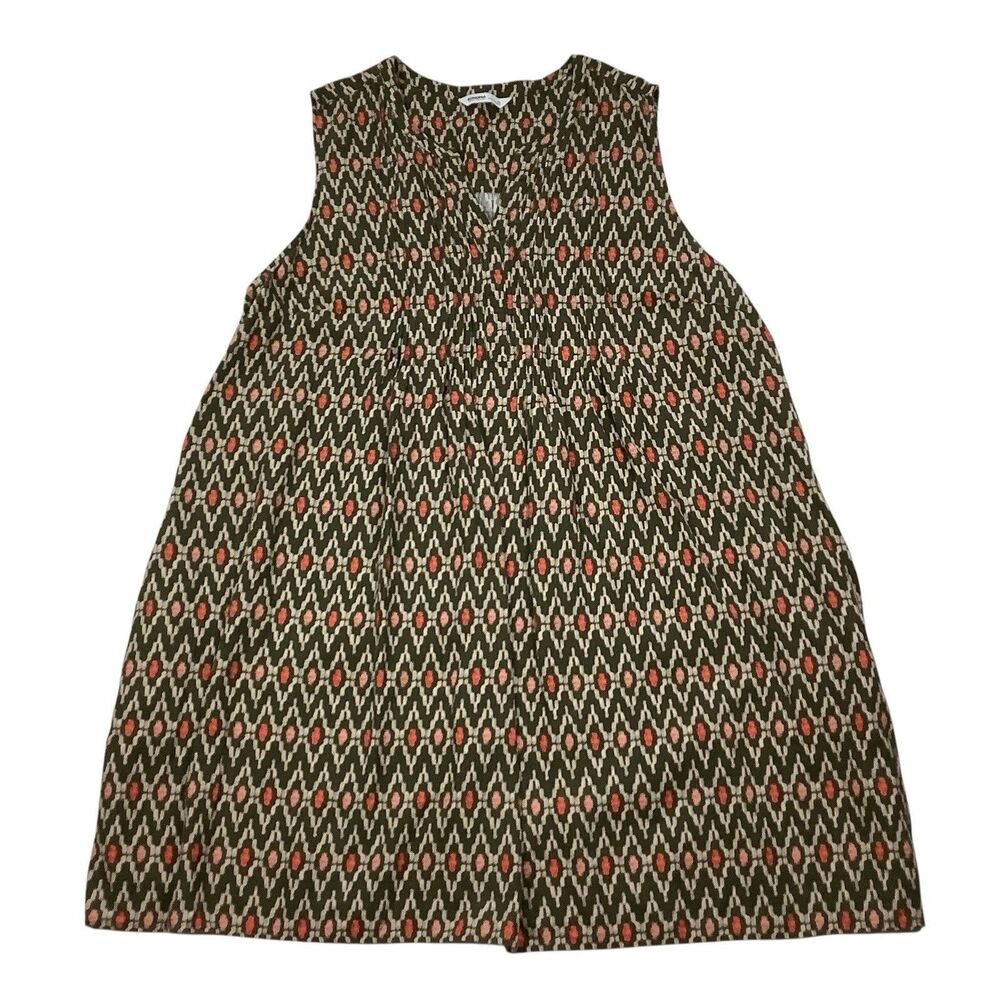 Linen Blend Dress Women 4X Sleeveless Green Tan Orange Geometric Earth Boho Chic